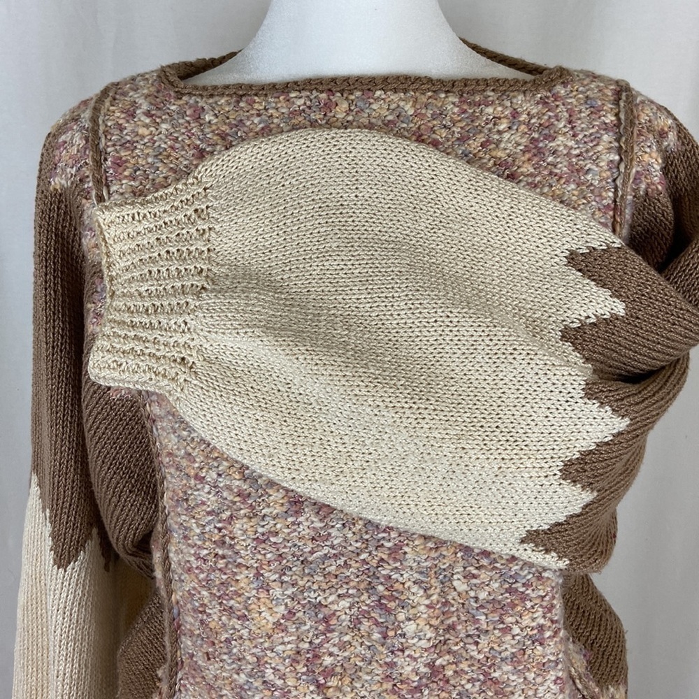 Handmade Knit Boho Sweater Tan Cream Pastel Cozy Cottagecore Large Chunky - Picture 4 of 14